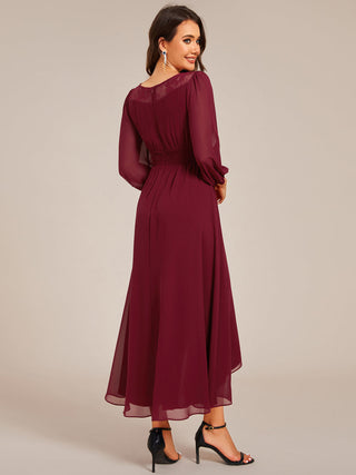 Elegant Round Neck Smocking Midi Length Chiffon Wedding Guest Dresses with Asymmetrical Hem