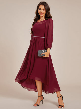 Elegant Round Neck Smocking Midi Length Chiffon Wedding Guest Dresses with Asymmetrical Hem