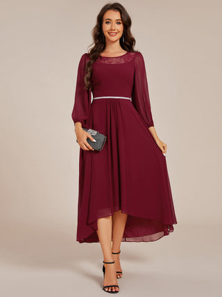 Elegant Round Neck Smocking Midi Length Chiffon Wedding Guest Dresses with Asymmetrical Hem