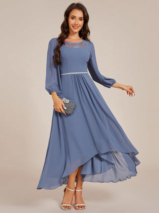 Elegant Round Neck Smocking Midi Length Chiffon Wedding Guest Dresses with Asymmetrical Hem