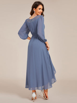 Elegant Round Neck Smocking Midi Length Chiffon Wedding Guest Dresses with Asymmetrical Hem