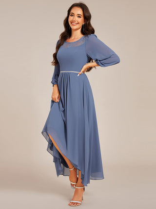 Elegant Round Neck Smocking Midi Length Chiffon Wedding Guest Dresses with Asymmetrical Hem
