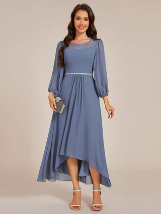 Elegant Round Neck Smocking Midi Length Chiffon Wedding Guest Dresses with Asymmetrical Hem