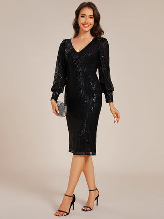 Exquisite Midi Length Buttock Sequin Wedding Guest Dresses with Lantern Sleeve