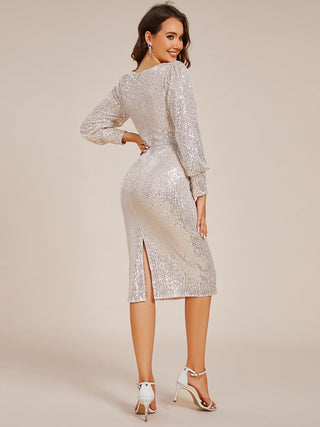 Exquisite Midi Length Buttock Sequin Wedding Guest Dresses with Lantern Sleeve