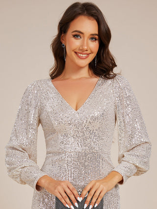 Exquisite Midi Length Buttock Sequin Wedding Guest Dresses with Lantern Sleeve
