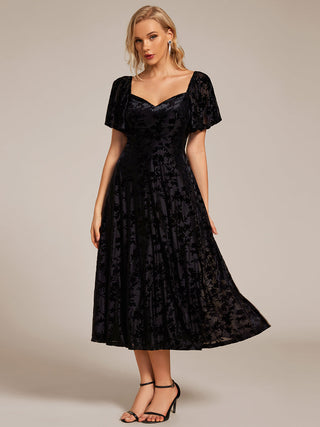 Exquisite Square Neckline Tea length Wedding Guest Dresses with Jacquard Decoration