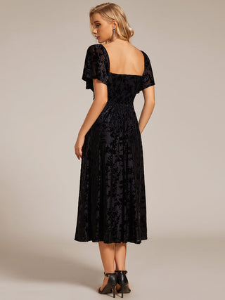 Exquisite Square Neckline Tea length Wedding Guest Dresses with Jacquard Decoration