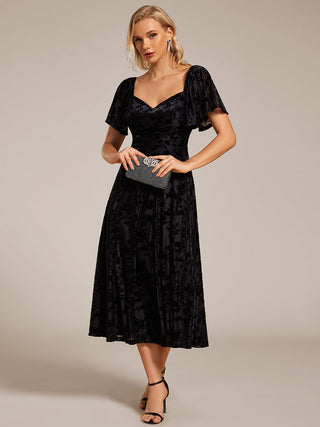 Exquisite Square Neckline Tea length Wedding Guest Dresses with Jacquard Decoration