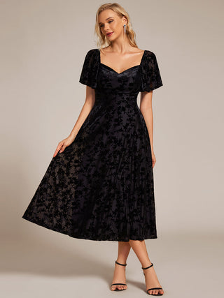 Exquisite Square Neckline Tea length Wedding Guest Dresses with Jacquard Decoration