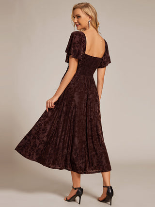 Exquisite Square Neckline Tea length Wedding Guest Dresses with Jacquard Decoration