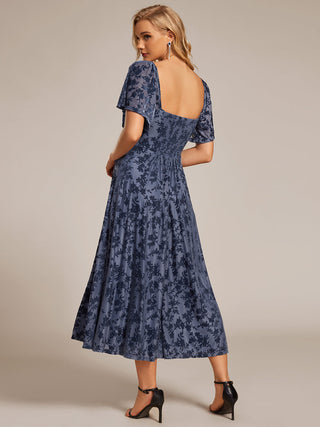 Exquisite Square Neckline Tea length Wedding Guest Dresses with Jacquard Decoration