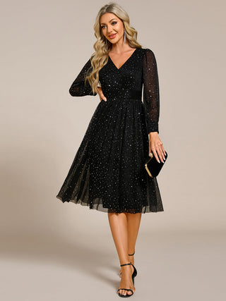 Elegant Long Lantern Sleeve Midi Length Sequin Tulle Dresses with Shimmer Decoration