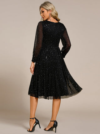 Elegant Long Lantern Sleeve Midi Length Sequin Tulle Dresses with Shimmer Decoration