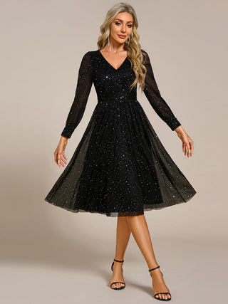 Elegant Long Lantern Sleeve Midi Length Sequin Tulle Dresses with Shimmer Decoration