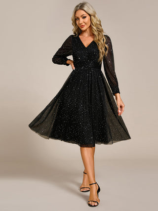 Elegant Long Lantern Sleeve Midi Length Sequin Tulle Dresses with Shimmer Decoration