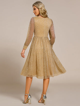Elegant Long Lantern Sleeve Midi Length Sequin Tulle Dresses with Shimmer Decoration