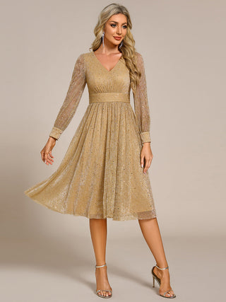 Elegant Long Lantern Sleeve Midi Length Sequin Tulle Dresses with Shimmer Decoration