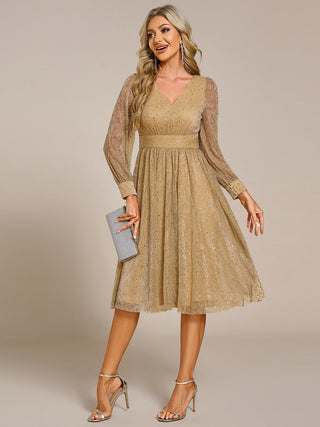 Elegant Long Lantern Sleeve Midi Length Sequin Tulle Dresses with Shimmer Decoration