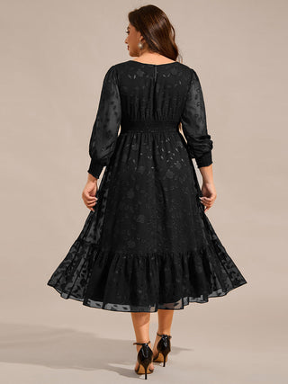 Exquisite Plus Size Round Neck Lotus Leaf Hem Wedding Guest Dresses with Embroidery Applique Decoration