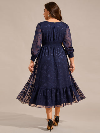 Exquisite Plus Size Round Neck Lotus Leaf Hem Wedding Guest Dresses with Embroidery Applique Decoration