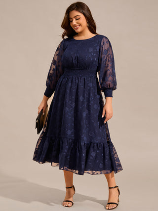 Exquisite Plus Size Round Neck Lotus Leaf Hem Wedding Guest Dresses with Embroidery Applique Decoration