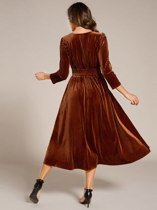 Elegant Tea Length High Stretch Smocking Velvet Wedding Guest Dresses
