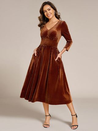Elegant Tea Length High Stretch Smocking Velvet Wedding Guest Dresses