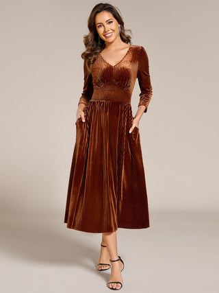 Elegant Tea Length High Stretch Smocking Velvet Wedding Guest Dresses