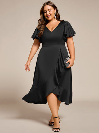 Elegant Ruffles Sleeve Midi Length Satin Bridesmaid Dresses with Regular Fold Stream Asymmetrical Hem