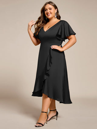 Elegant Ruffles Sleeve Midi Length Satin Bridesmaid Dresses with Regular Fold Stream Asymmetrical Hem