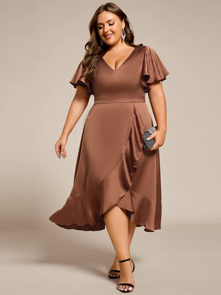 Elegant Ruffles Sleeve Midi Length Satin Bridesmaid Dresses with Regular Fold Stream Asymmetrical Hem