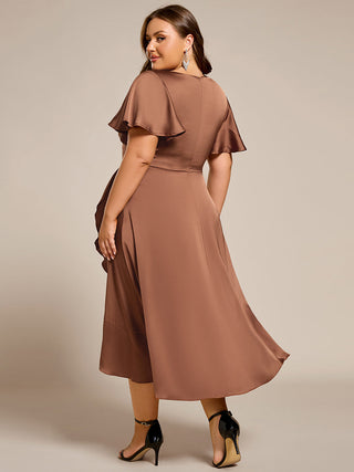 Elegant Ruffles Sleeve Midi Length Satin Bridesmaid Dresses with Regular Fold Stream Asymmetrical Hem
