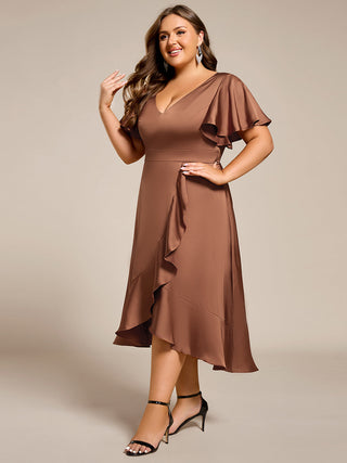 Elegant Ruffles Sleeve Midi Length Satin Bridesmaid Dresses with Regular Fold Stream Asymmetrical Hem