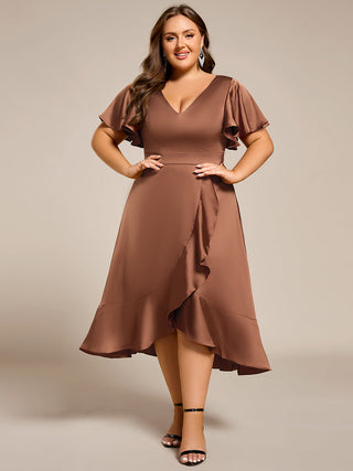 Elegant Ruffles Sleeve Midi Length Satin Bridesmaid Dresses with Regular Fold Stream Asymmetrical Hem