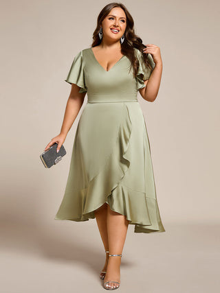 Elegant Ruffles Sleeve Midi Length Satin Bridesmaid Dresses with Regular Fold Stream Asymmetrical Hem