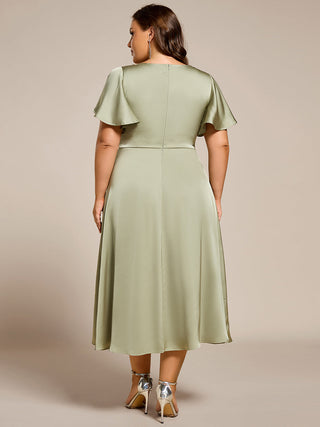 Elegant Ruffles Sleeve Midi Length Satin Bridesmaid Dresses with Regular Fold Stream Asymmetrical Hem