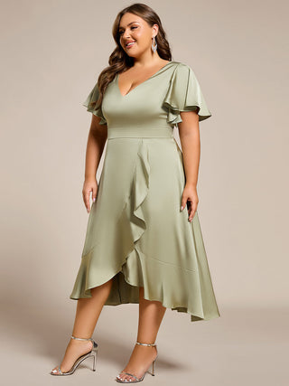 Elegant Ruffles Sleeve Midi Length Satin Bridesmaid Dresses with Regular Fold Stream Asymmetrical Hem