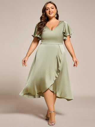 Elegant Ruffles Sleeve Midi Length Satin Bridesmaid Dresses with Regular Fold Stream Asymmetrical Hem