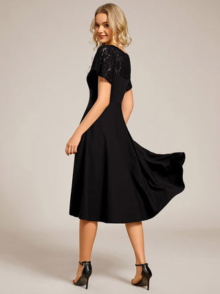 Short Sleeve Ruffle Sweetheart A-Line High Stretch Midi Wedding Guest Dress