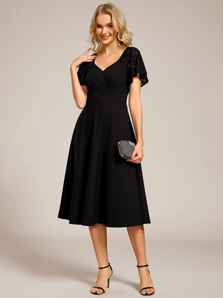 Short Sleeve Ruffle Sweetheart A-Line High Stretch Midi Wedding Guest Dress