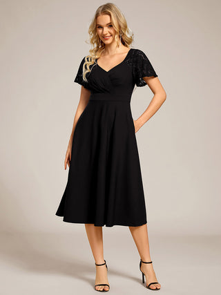 Short Sleeve Ruffle Sweetheart A-Line High Stretch Midi Wedding Guest Dress