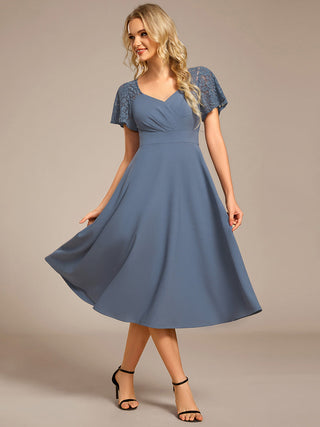 Short Sleeve Ruffle Sweetheart A-Line High Stretch Midi Wedding Guest Dress