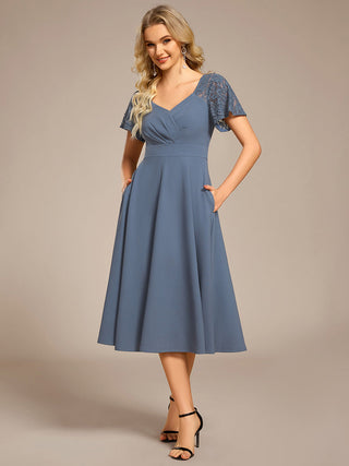 Short Sleeve Ruffle Sweetheart A-Line High Stretch Midi Wedding Guest Dress