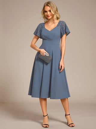 Short Sleeve Ruffle Sweetheart A-Line High Stretch Midi Wedding Guest Dress
