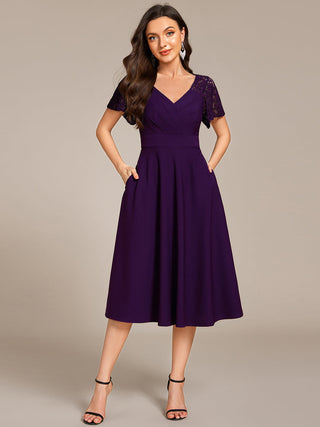 Short Sleeve Ruffle Sweetheart A-Line High Stretch Midi Wedding Guest Dress