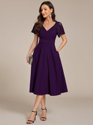 Short Sleeve Ruffle Sweetheart A-Line High Stretch Midi Wedding Guest Dress