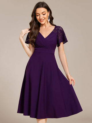 Short Sleeve Ruffle Sweetheart A-Line High Stretch Midi Wedding Guest Dress