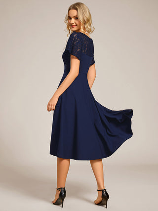 Short Sleeve Ruffle Sweetheart A-Line High Stretch Midi Wedding Guest Dress