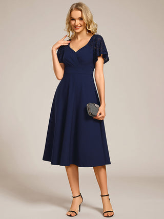 Short Sleeve Ruffle Sweetheart A-Line High Stretch Midi Wedding Guest Dress